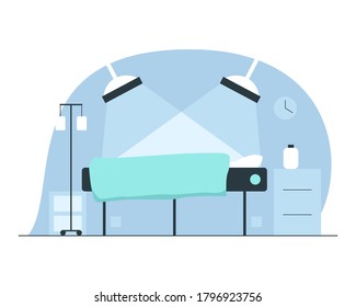 Surgery room interior. Vector illustration of interior of a surgery room in the hospital with operating table, lights, dropper with bottles and other medical tools. Concept of surgery department