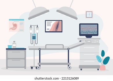 Surgery room interior, without medical staff. Operating room with medicines instruments, accessories and spotlights. Intensive care, surgery, patient care. Healthcare concept. Flat vector illustration