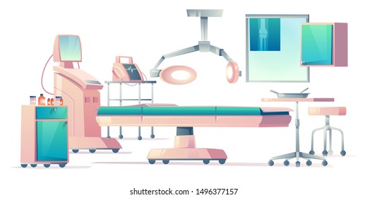 Surgery room, operating medical equipment set. Medicine life support system for emergency operation in hospital. Clinic stuff, healthcare surgical elements, lamp. Cartoon vector illustration, clip art