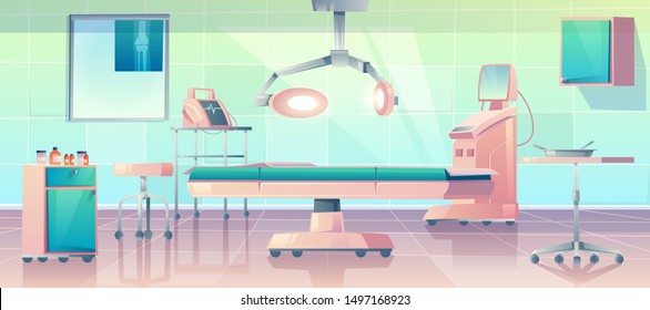 Surgery room with operating medical equipment. Empty hospital interior with medicine life support system for emergency operation. Clinic surgical stuff lamp, couch, devices Cartoon vector illustration
