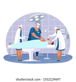 Surgery room with patient at hospital. Surgeon making operation and team assistance. Operating room with surgical table and medic in mask, pulse monitor. Medicine and healthcare, medical emergency