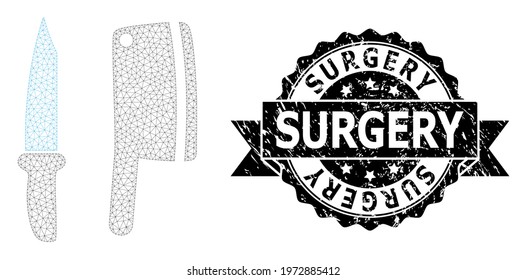 Surgery rubber stamp seal and vector butchery knives mesh model. Black stamp includes Surgery caption inside ribbon and rosette. Abstract flat mesh butchery knives, designed with flat mesh.