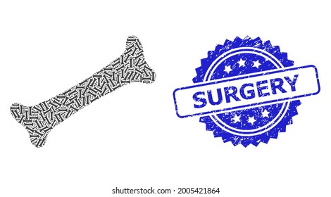 Surgery scratched seal imitation and vector fractal mosaic bone. Blue stamp seal contains Surgery title inside rosette. Vector mosaic is formed with repeating rotated bone items.