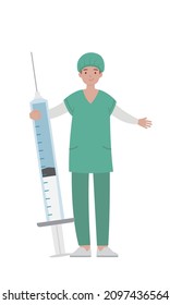 Surgery staff medical worker with syringe or injection or vaccine isolated on white background, cartoon comic vector character