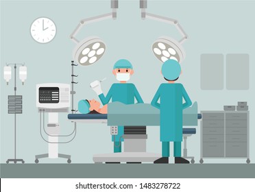 Surgery team operating. Medical team performing surgical operation in an operating room. Vector