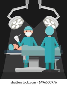 Surgery team operating. Medical team performing surgical operation in an operating room. Dark background. Vector