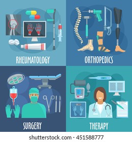 Surgery, therapy, orthopedic and rheumatology icons with doctors, operation table and surgery tools, checkup form, thermometer, x-ray, medicines and crutch, prosthetic leg, bandage, spine icons