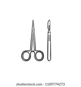 Herramientas quirúrgicas dibujó a mano el ícono del doodle de contorno. Escalpel y abrazadera como intervenciones médicas y concepto de operación cirujana. Ilustración vectorial para impresión, web e infografía sobre fondo blanco.