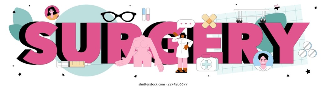 Surgery typographic header. Aesthetic body correction. Implant and liposuction procedure. Doctor making injections or incision inserting implant. Flat vector illustration