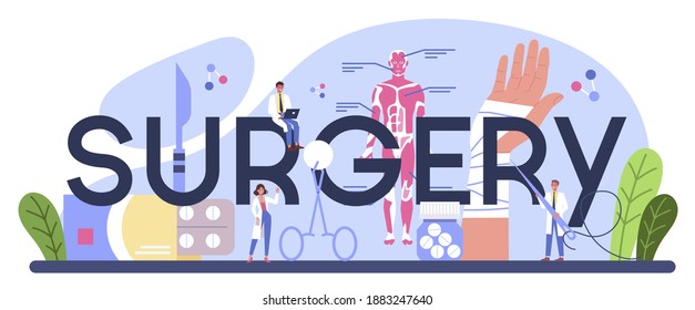 Typografischer Chirurgie-Header. Arzt, der medizinische Operationen durchführt. Professioneller Facharzt für Medizin. Vorstellung von Gesundheit und medizinischer Behandlung. Einzelne flache Vektorgrafik