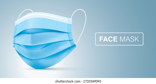 Surgical blue face mask  vector illustration  Virus protection medical mask  standing gray gradient background in side view  Disease protective disposable mask and elastic ear loop band 