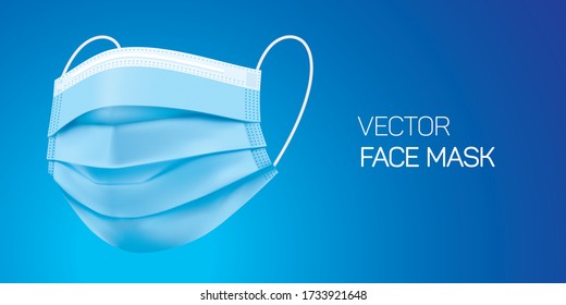 Surgical blue face mask, vector illustration. Virus protection medical mask, isolated on blue gradient background in a side view. Disease protective disposable mask with elastic ear loop band.