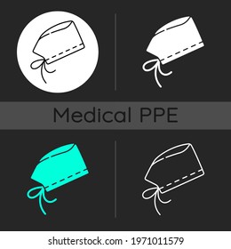 Surgical cap dark theme icons set. Protective wear from infection. Doctor uniform. Quarantine safety. Disposable PPE. Linear white, solid glyph and RGB color styles. Isolated vector illustrations
