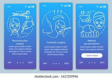 Surgical cosmetic procedures onboarding mobile app page screen vector template. Spa and surgery. Walkthrough website steps with linear illustrations. UX, UI, GUI smartphone interface concept