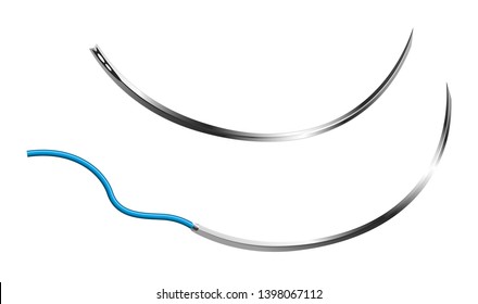 Surgical Cutting Needles With A Triangular Cross-sectional Shape With A Curvature Degree 3/8 Of A Circle, With A Double Eye And Atraumatic With Attached Suture Material. Vector Illustration