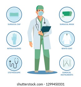 Surgical doctor with isolated items or equipment. Surgeon man and cap, mask, nitrile gloves and white coat, stethoscope and instruments, notes. Male in professional uniform. Healthcare, medical theme