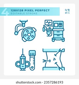 Surgical equipment pixel perfect light blue icons. Operating room. Medical occupation. Patient safety. RGB color. Website icons set. Simple design element. Contour drawing. Line illustration