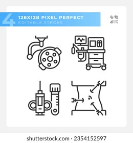 Surgical equipment pixel perfect linear icons set. Operating room. Medical occupation. Patient safety. Customizable thin line symbols. Isolated vector outline illustrations. Editable stroke