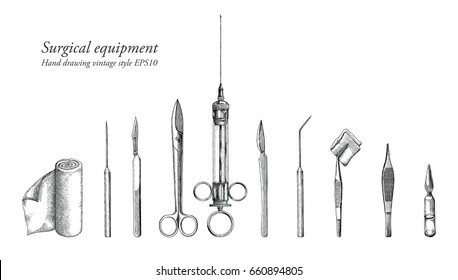 Surgical equipment set hand drawing vintage style