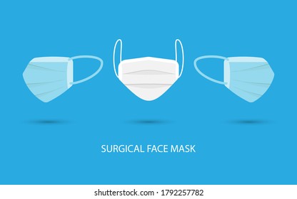 Surgical Face Mask. Blue And White Medical Protective Masks In Front And Side View  Isolated On Blue. Corona Virus Protection Mask With Ear Loop Vector Illustration Eps 10, Easy To Modify. 