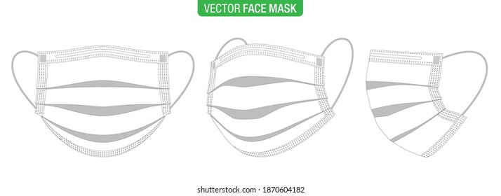 Surgical face mask, contour vector illustration. Set of flat style, white medical masks, in various viewing angles, isolated on white. Virus protection mask in front, three-quarters, and side views.