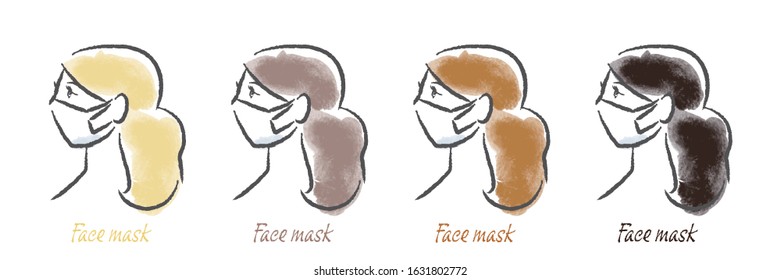 Surgical Face Mask, Droplet Transmission, Health, Infection Control Concept - Woman Wearing Virus Protective Mask. Natural Hair Color Set.