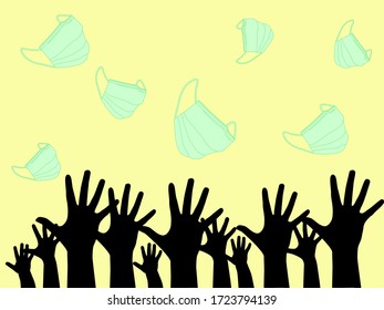 Surgical face mask falling from the upward with  many silhouette hands raise up. Medical needed. People want mask.  Mask not enough for everyone. Healthcare concept Illustration vector.