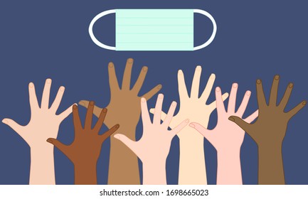 Surgical face mask with many color hands raise up. Medical needed. People want mask.  Mask not enough for everyone. concept Illustration vector.