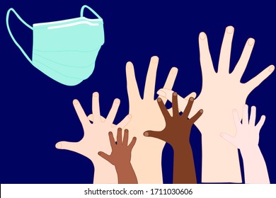 Surgical face mask with many color hands raise up (adult, toddler and baby hands). Medical needed. People want mask.  Mask not enough for everyone. concept Illustration vector.