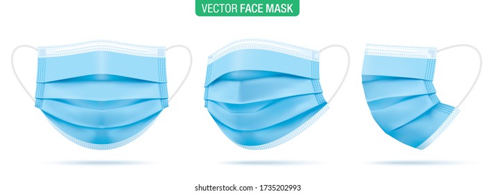 Хирургическая маска для лица, векторная иллюстрация. Синие медицинские защитные маски, под разными углами, изолированные на белом. Маска для защиты от вирусов короны с ушной петлей, вид спереди, три четверти и сбоку.