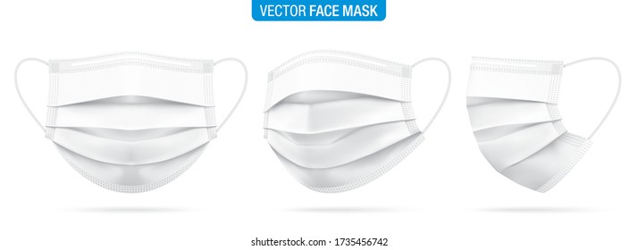 Surgical face mask vector illustration. White medical protective masks from different angles, isolated on white. Corona virus protection mask with ear loop, in a front, three-quarters, and side views.