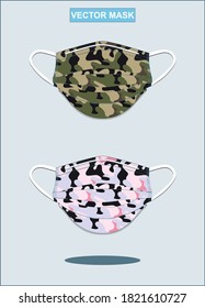Máscara facial quirúrgica, ilustración vectorial. Mascarillas de protección médica de camuflaje. Virus coronario