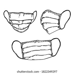 Surgical face mask, vector illustration. Medical protective masks, from different angles isolated on white. Corona virus protection mask in a front, three-quarters, and side views sketch.