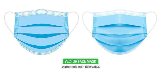 Surgical face mask, vector illustration. Set of the blue medical protective masks, in flat, and 3D graphic style, isolated on white. Coronavirus protection mask with earloop, in a front view.