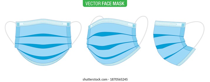 Surgical face mask, vector illustration. Set of flat style, blue medical masks, in different viewing angles, isolated on white. Virus protection mask, in front, three-quarters, and side views.