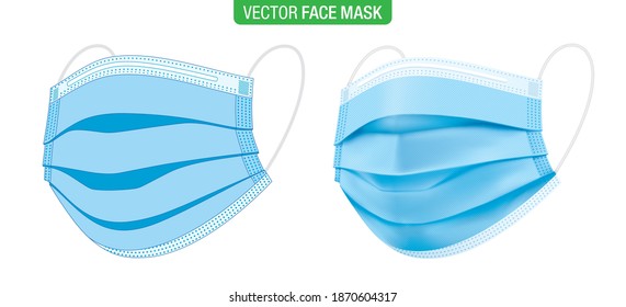 Chirurgische Gesichtsmaske, Vektorgrafik. Set der blauen medizinischen Schutzmasken, flach und 3D-grafisch, einzeln auf weiß. Schutzmaske gegen Coronavirus mit Ohrschleife, dreiviertelseitig betrachtet.