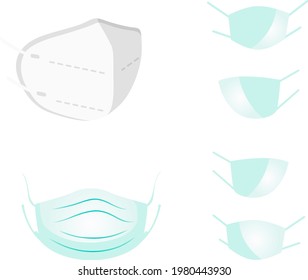 Surgical face mask, vector illustration. Set of the blue medical protective masks, in flat, and 3D graphic style, isolated on white. Coronavirus protection mask with earloop, in a front view.