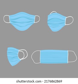 Surgical face mask, vector illustration. Blue medical protective masks, from different angles isolated on white. Corona virus protection mask with ear loop, in a front, three-quarters, and side views.