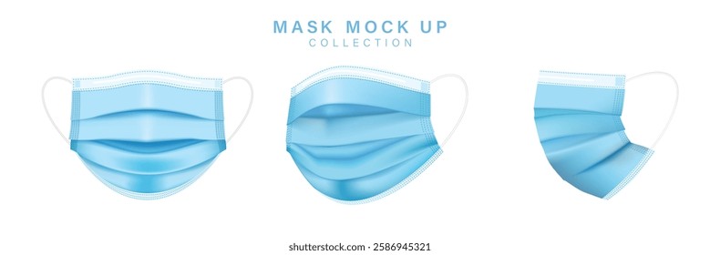 Surgical face mask, vector illustration. Blue medical protective masks, from different angles isolated on white. Corona virus protection mask with ear loop, in a front, three-quarters, and side views.