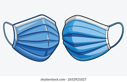Máscara cirúrgica, ilustração vetorial. Máscaras de proteção médica azuis são isoladas em um fundo branco — máscara de proteção contra o coronavírus com alça na orelha, dois quartos e vistas laterais.