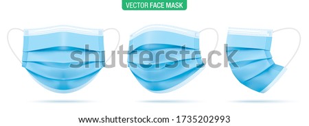 Surgical face mask, vector illustration. Blue medical protective masks, from different angles isolated on white. Corona virus protection mask with ear loop, in a front, three-quarters, and side views. Stock photo © 