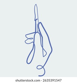 Surgical Gloves hold a scalpel one line drawing. Surgical Gloves hold a scalpel single line illustration. Surgical Gloves hold a scalpel minimalist line art