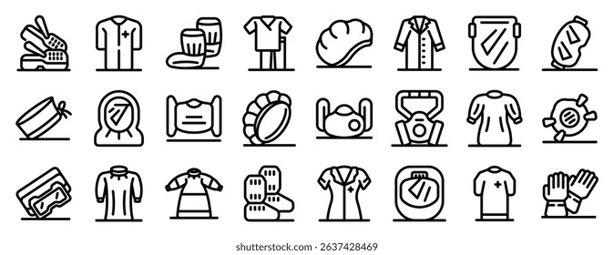  Surgical gown icons set. Essential protective gear for various hazardous environments, safeguarding individuals from potential risks and ensuring a secure working space