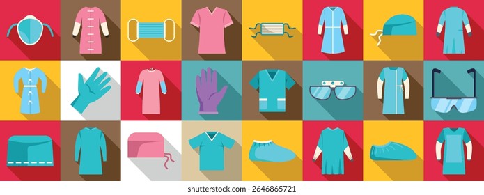  Surgical gown icons set. Essential medical protective clothing and equipment including gowns, masks, gloves, and eyewear, safeguarding healthcare professionals