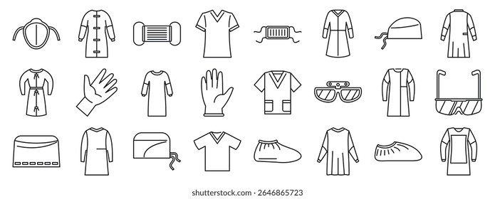  Conjunto de ícones de vestido cirúrgico. Ícones de linha que representam vários itens de epi usados por médicos, enfermeiros e outros profissionais de saúde, garantindo segurança e higiene em ambientes médicos
