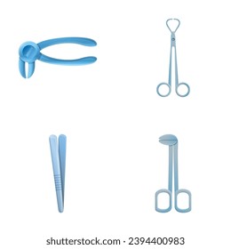 Surgical instrument icons set cartoon vector. Tweezer and microsurgical forceps. Collection of hand metal tool