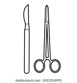 Surgical instrument: medical scissors and scalpel. Outline illustration on white background, design element