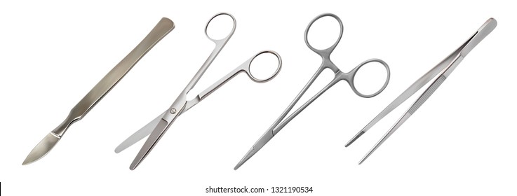  Surgical instrument set. All-metal abdominal reusable scalpel, straight scissors, mosquito clamp, anatomical tweezers. Realistic isolated objects on white background. Vector illustration