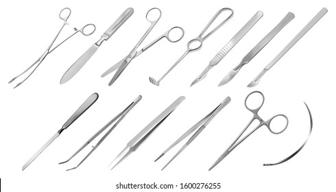 Surgical instruments. Different types of tweezers, scalpels, Liston's amputation knife, clip with fastener, straight scissors, Folkmann's  jagged hook, Meyer’s forceps, surgical needle, Langenbeck saw