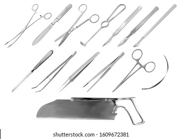 Surgical instruments. Different types of tweezers, scalpels, Liston's amputation knife, clip , straight scissors, Folkmann's hook, Meyer’s forceps,needle, Langenbeck saw, Satterlee Bone Saw. Vector